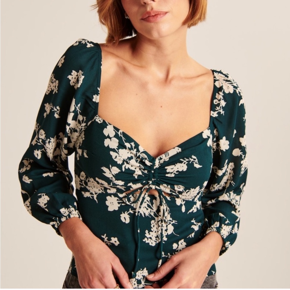 NWT Abercrombie and Fitch Green Floral Cinched Longsleeve Blouse Sz S - Picture 9 of 10